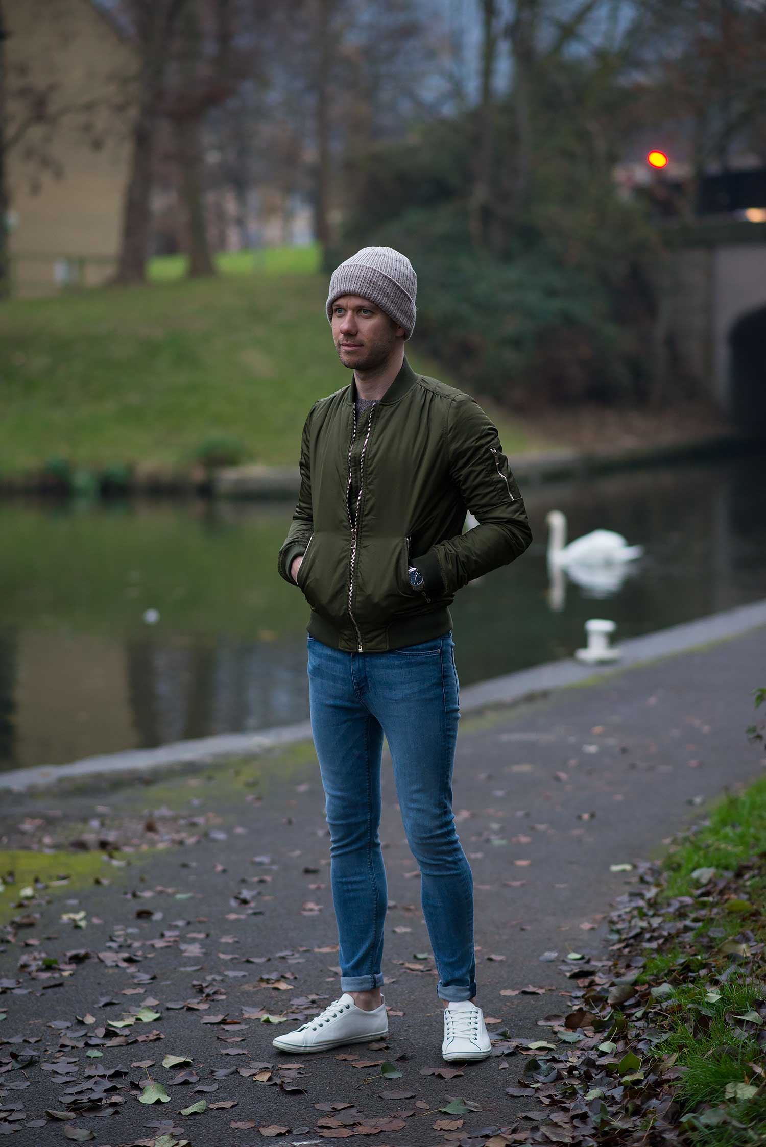 Khaki Bomber Jacket And Skinny Jeans Outfit - Your Average Guy