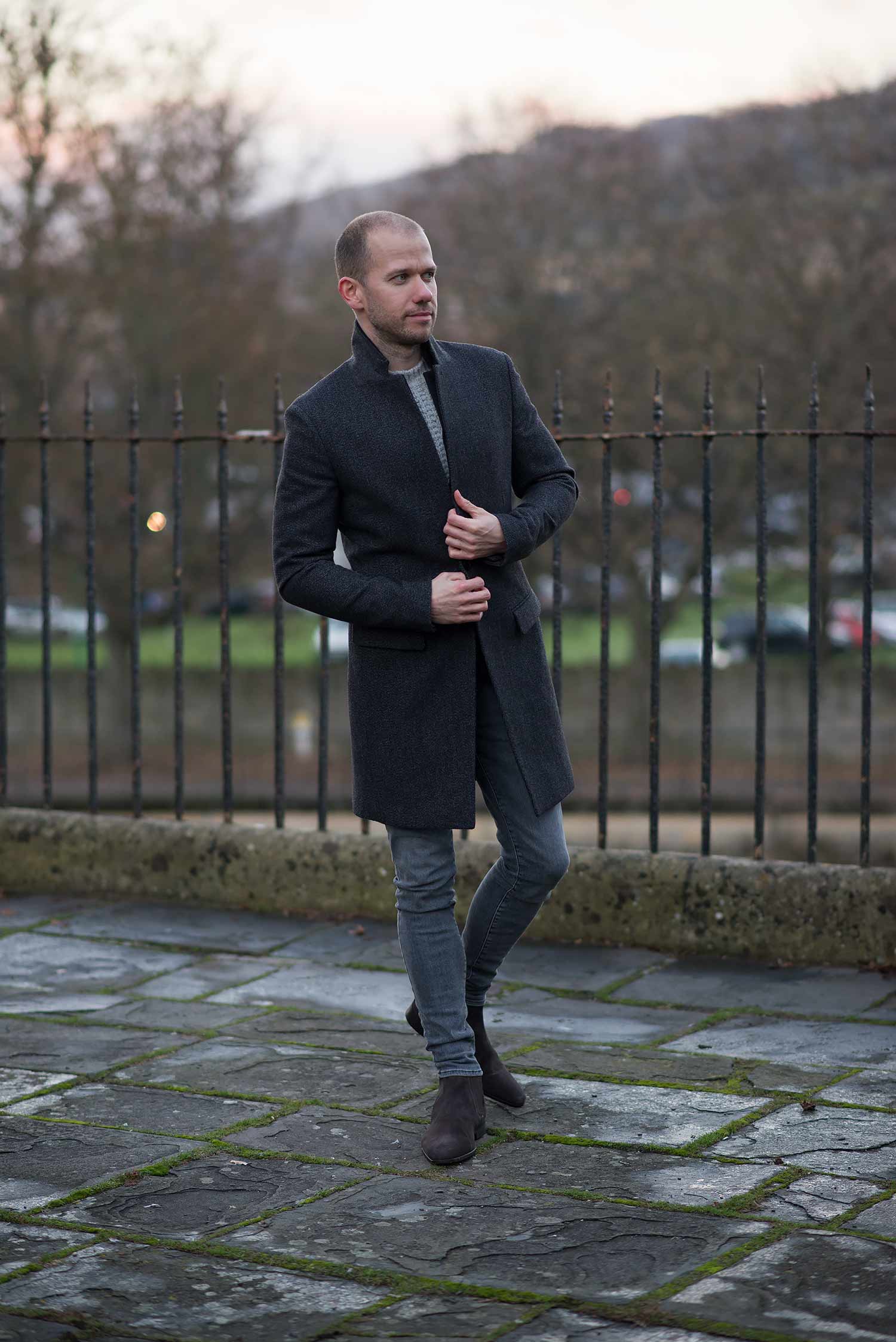 Allsaints Falun Overcoat with J Brand Grey Skinny Jeans Outfit | Your  Average Guy
