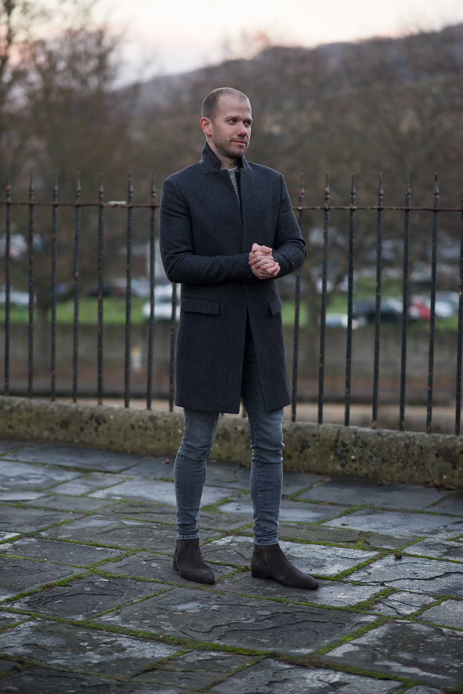 Allsaints Falun Overcoat with J Brand Grey Skinny Jeans Outfit - Your ...