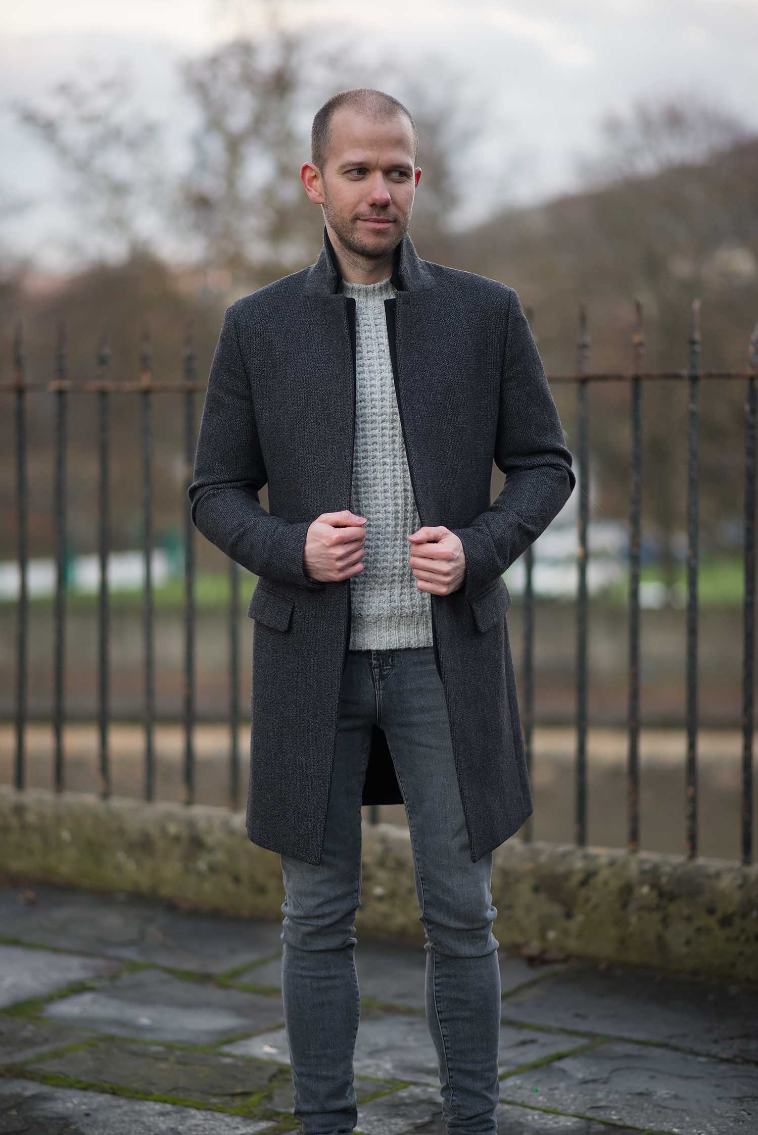 Allsaints Falun Overcoat with J Brand Grey Skinny Jeans Outfit - Your ...