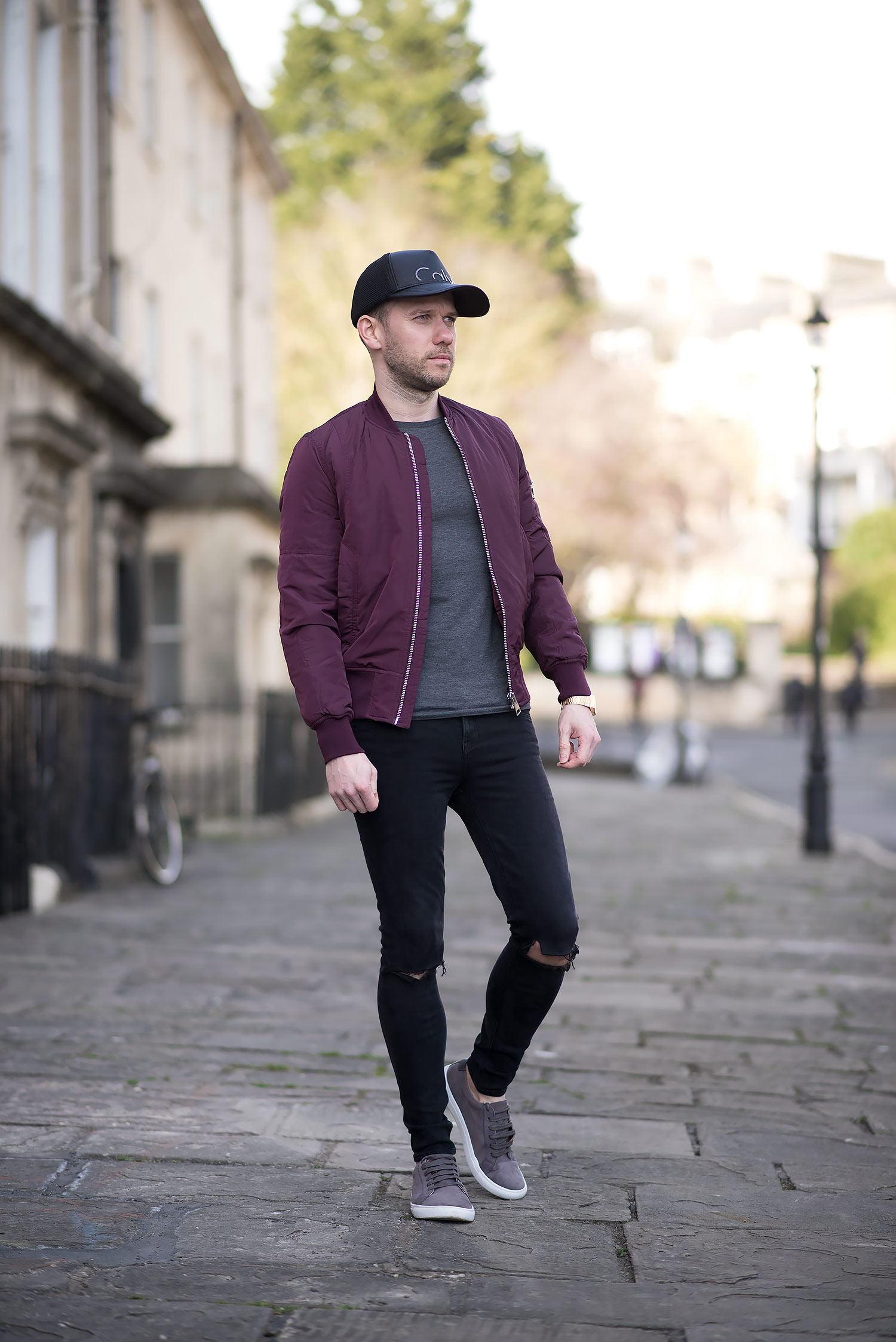 Blive kold lilla Forvirre Calvin Klein Baseball Cap And Burgundy Bomber Jacket Outfit | Your Average  Guy