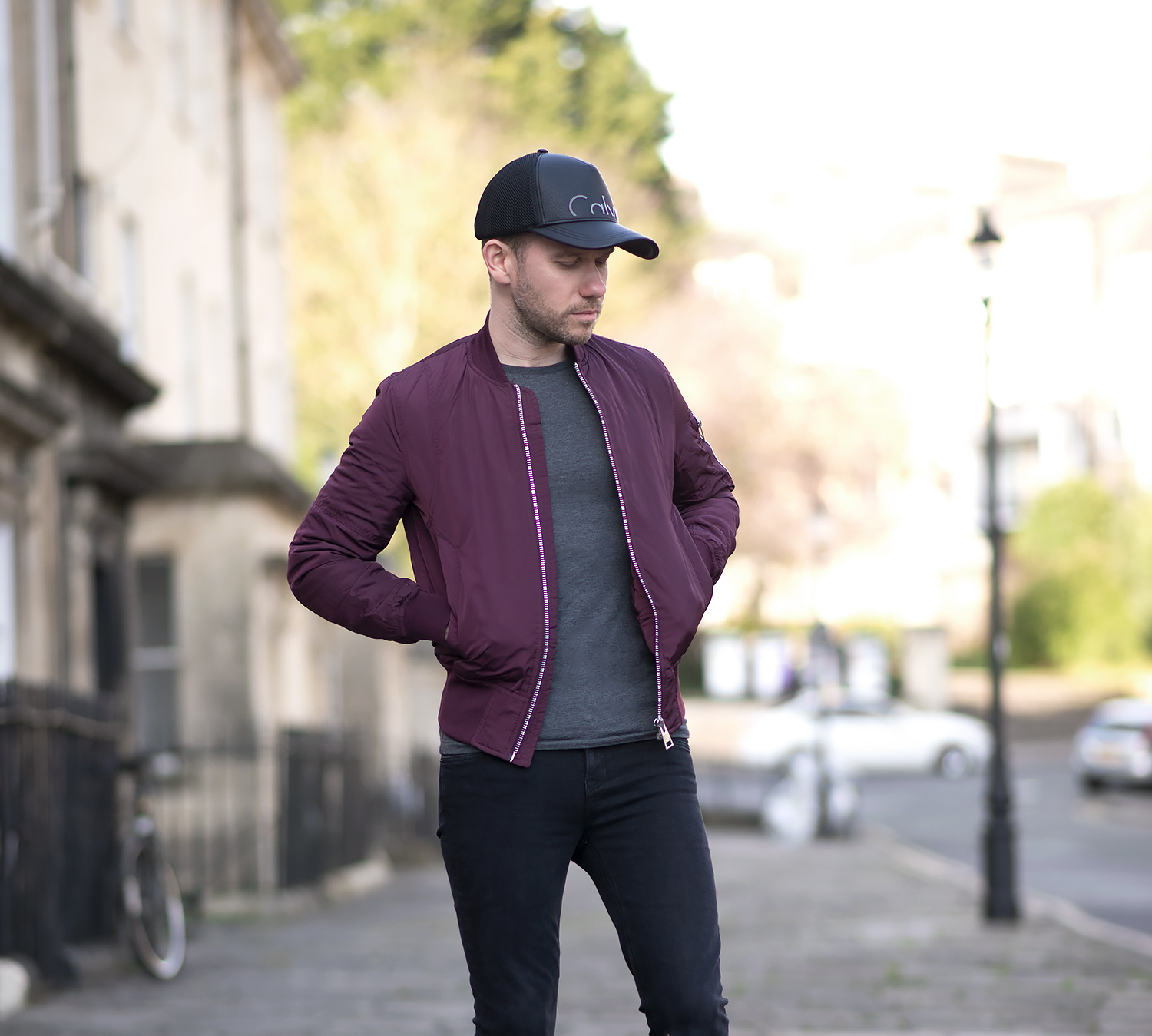 Calvin Klein Baseball Cap And Burgundy Bomber Jacket Outfit | Your ...