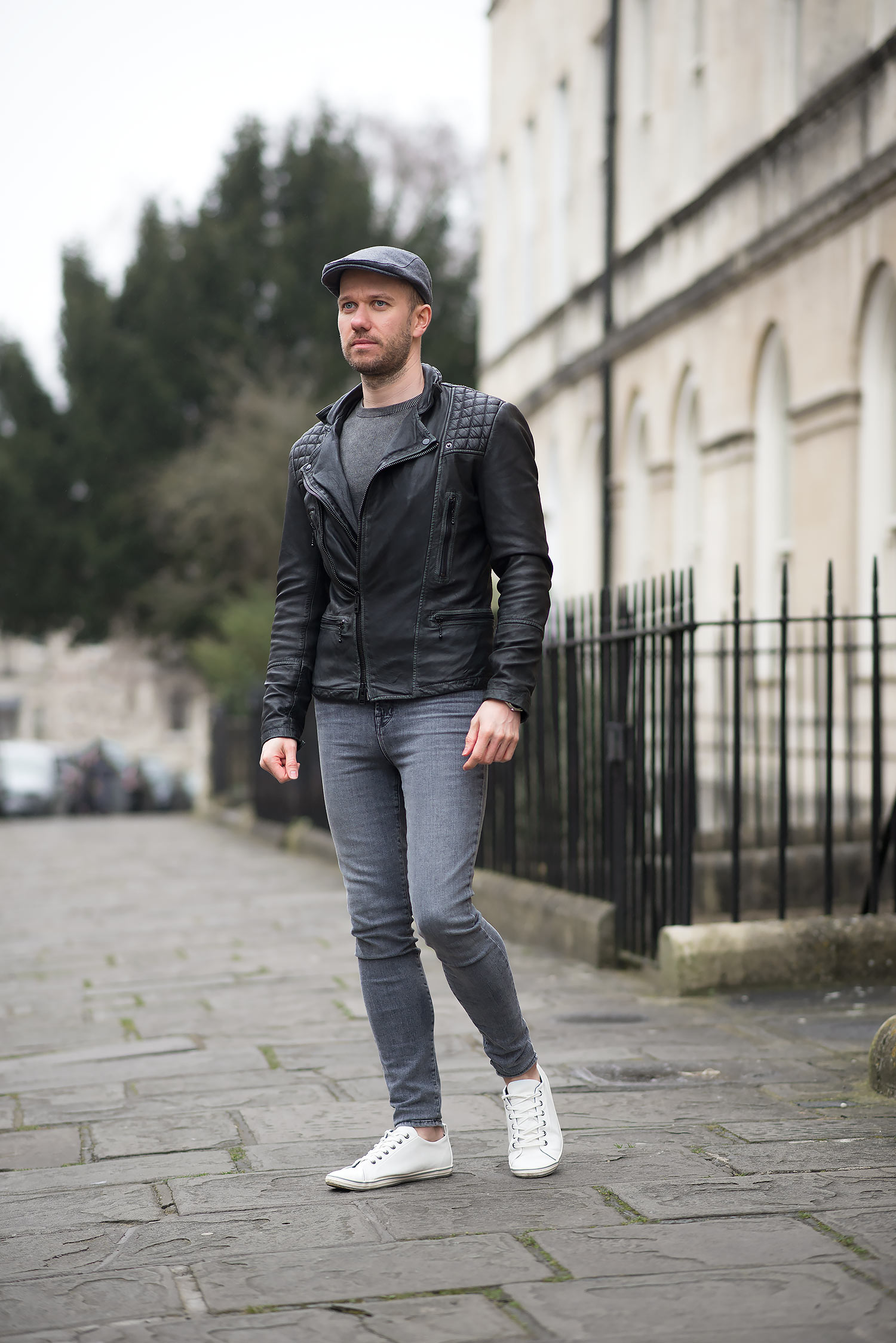 Skinny Jeans with Fashion Tips Allsaints Cargo Biker Leather Jacket And Flat Cap Outfit 
