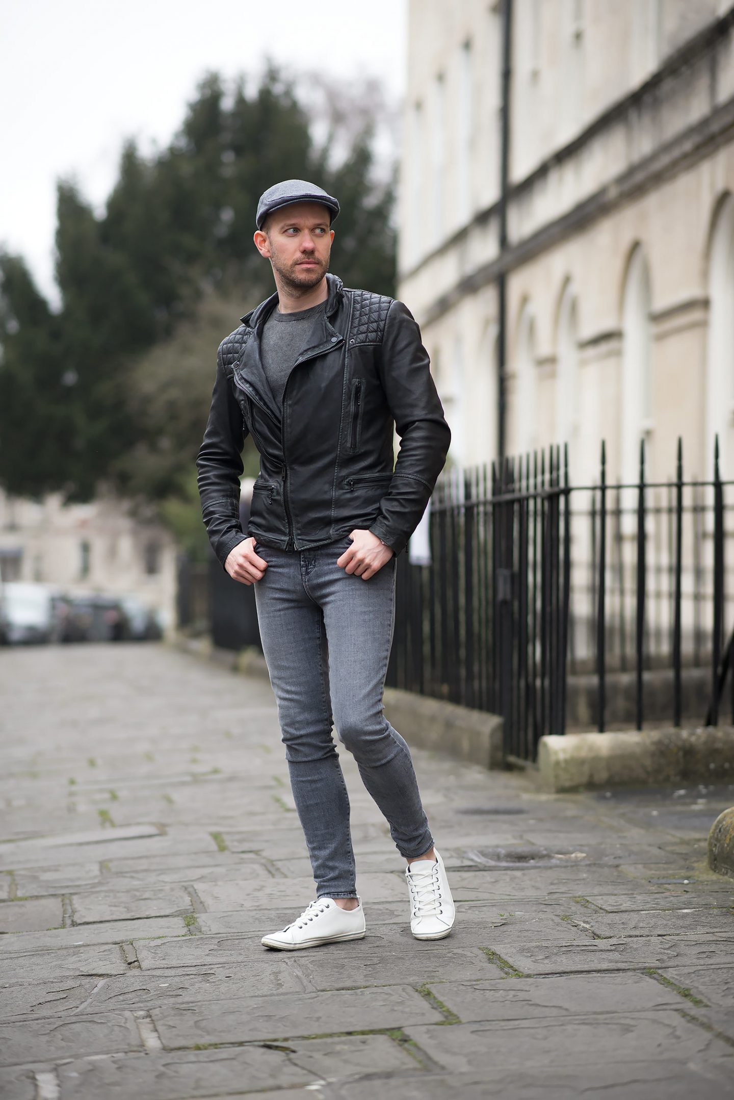 Allsaints Cargo Biker Leather Jacket And Flat Cap Outfit - Your Average Guy