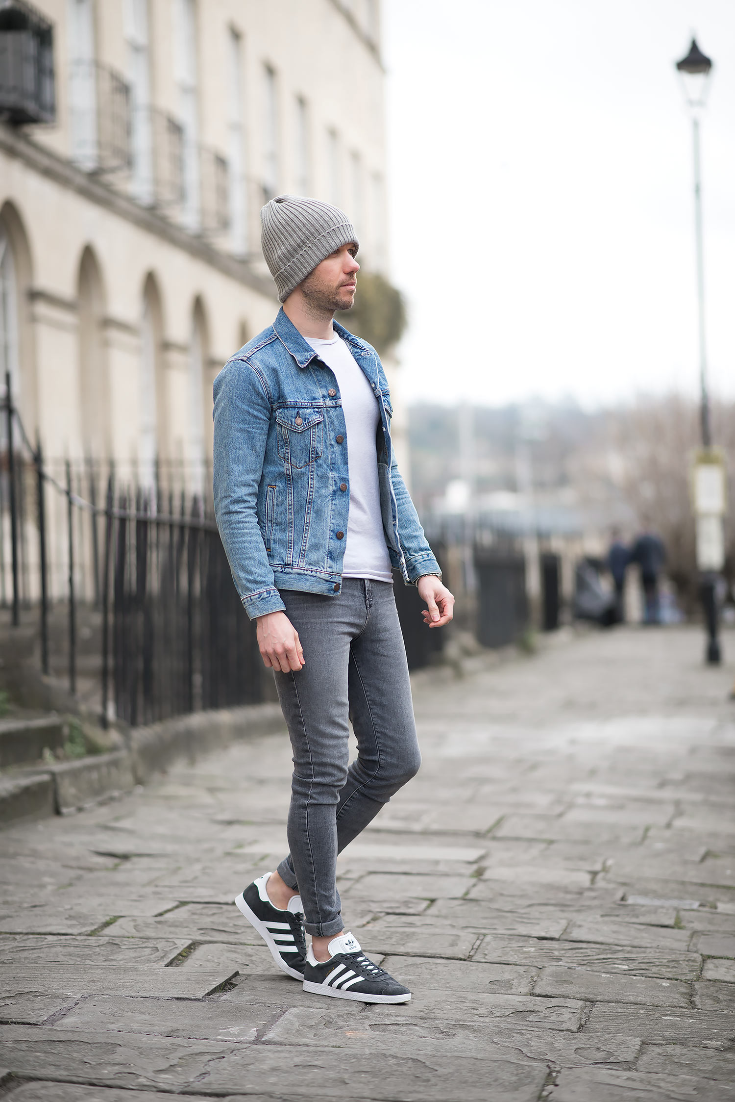 Levis Icy Trucker Jacket And Adidas Charcoal Gazelle Outfit - Your Average Guy