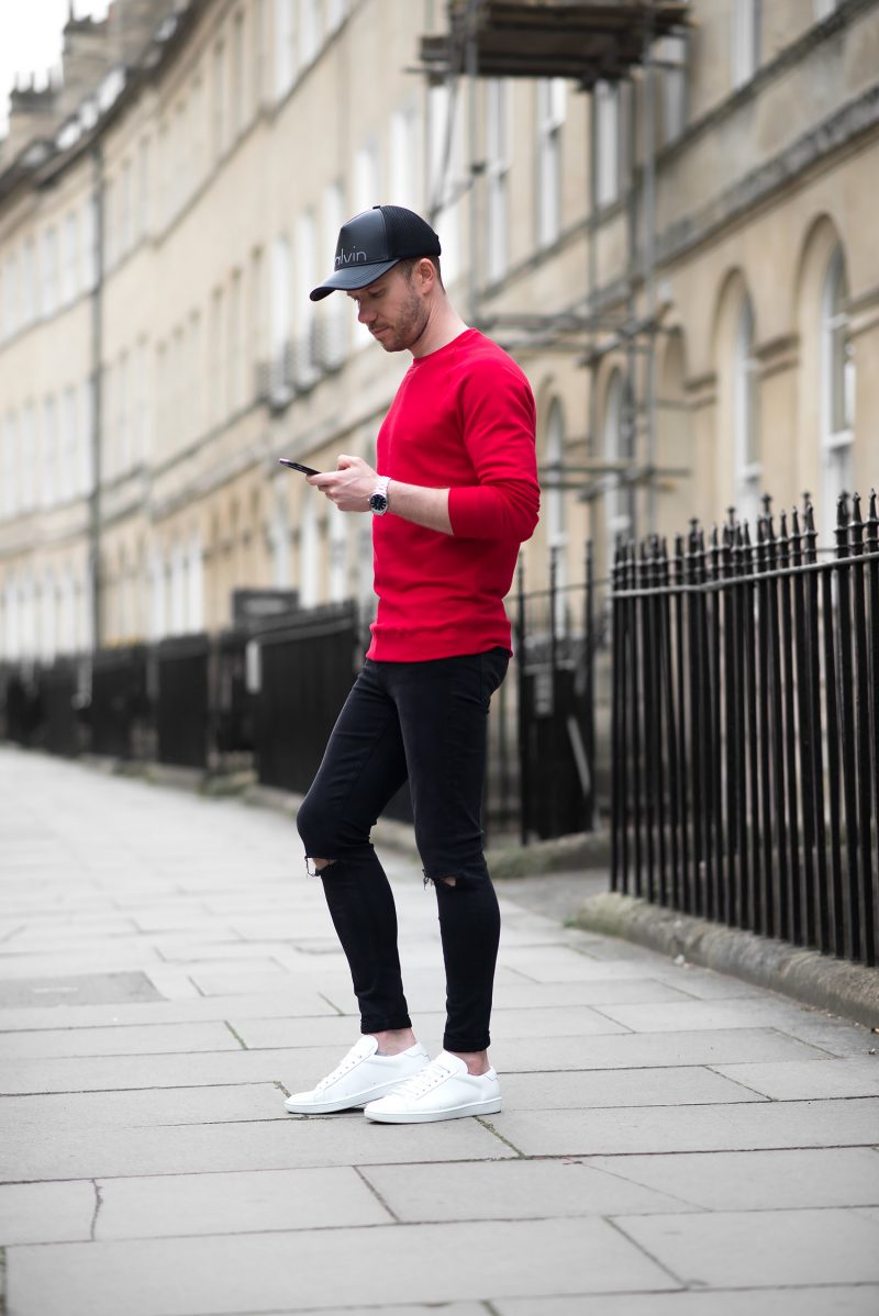Tom Cridland Red Sweatshirt And Black Skinny Jeans Outfit - Your ...