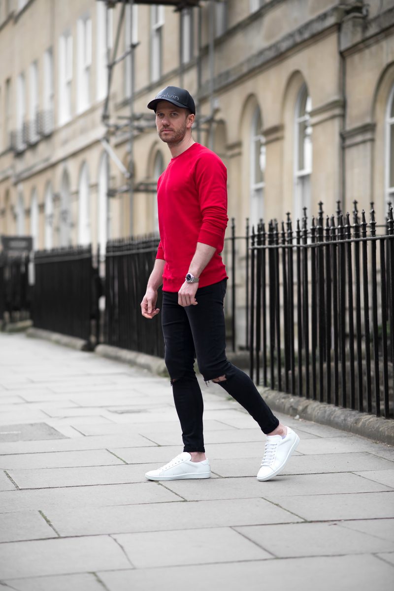 Tom Cridland Red Sweatshirt And Black Skinny Jeans Outfit | Your ...