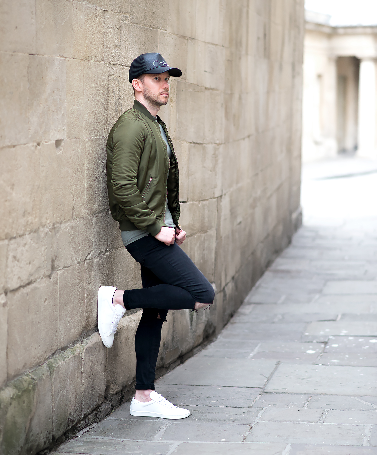 Topshop Green Bomber Jacket And Black Ripped Skinny Jeans Mens Outfit