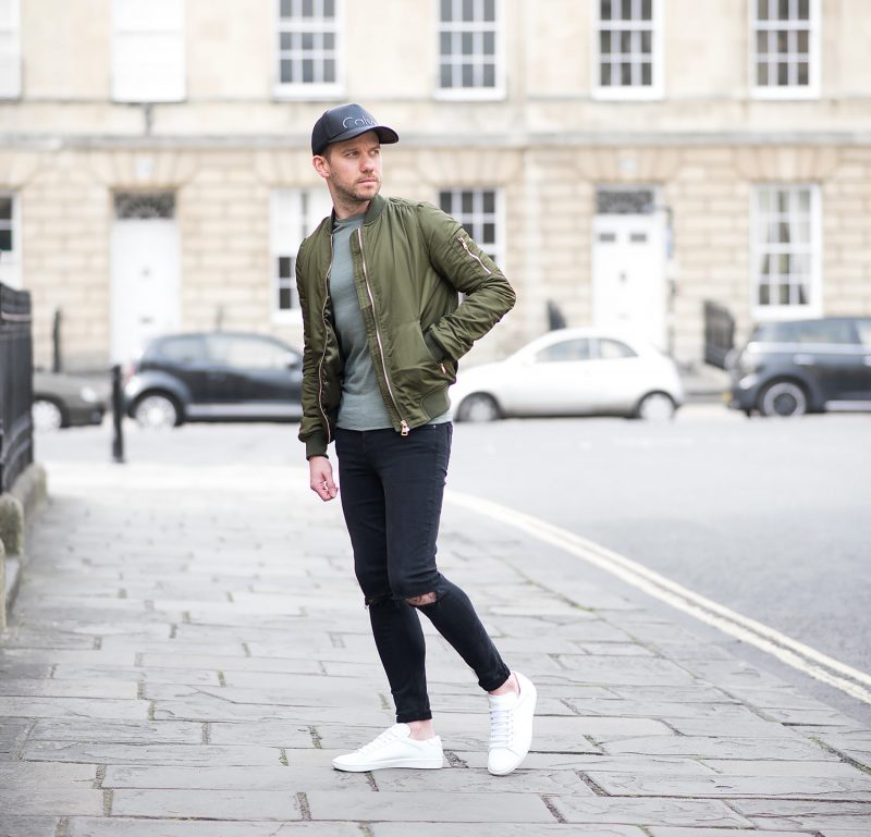 Topshop Green Bomber Jacket And Black Ripped Skinny Jeans Mens Outfit ...