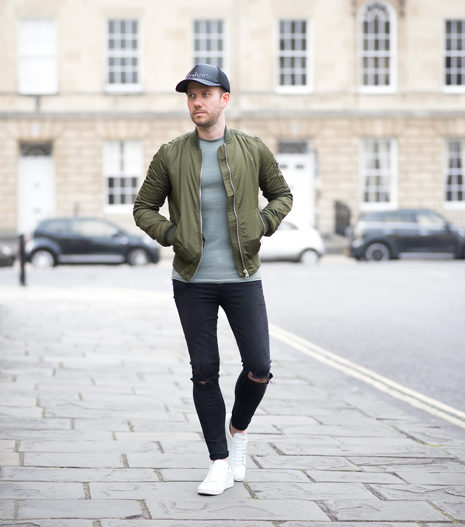 Topshop Green Bomber Jacket And Black Ripped Skinny Jeans Mens