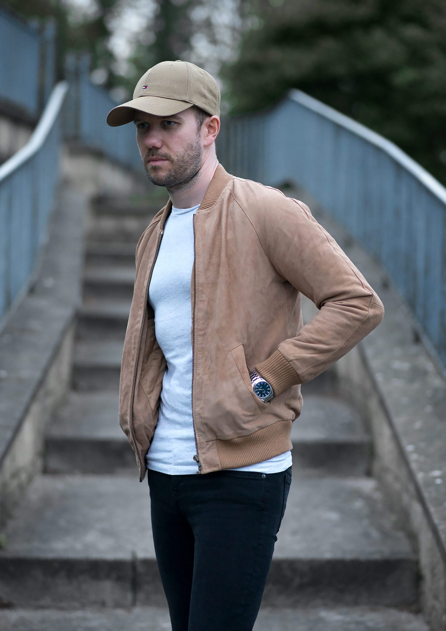 Tan Bomber Jacket Outfit Featuring A Special Guest - Your Average Guy