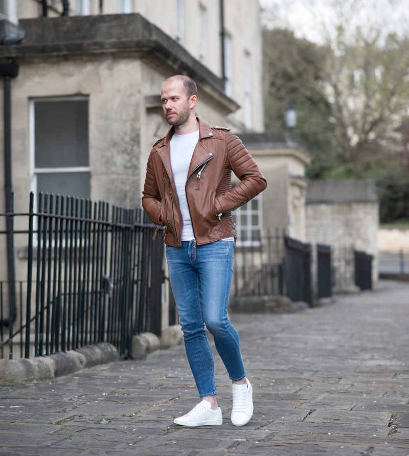 Mens-Fashion-Blogger-Boda-Skins-Antique-Brown -Biker-Leather-Jacket-Blue-Skinny-Jeans-Outfit – Your Average Guy