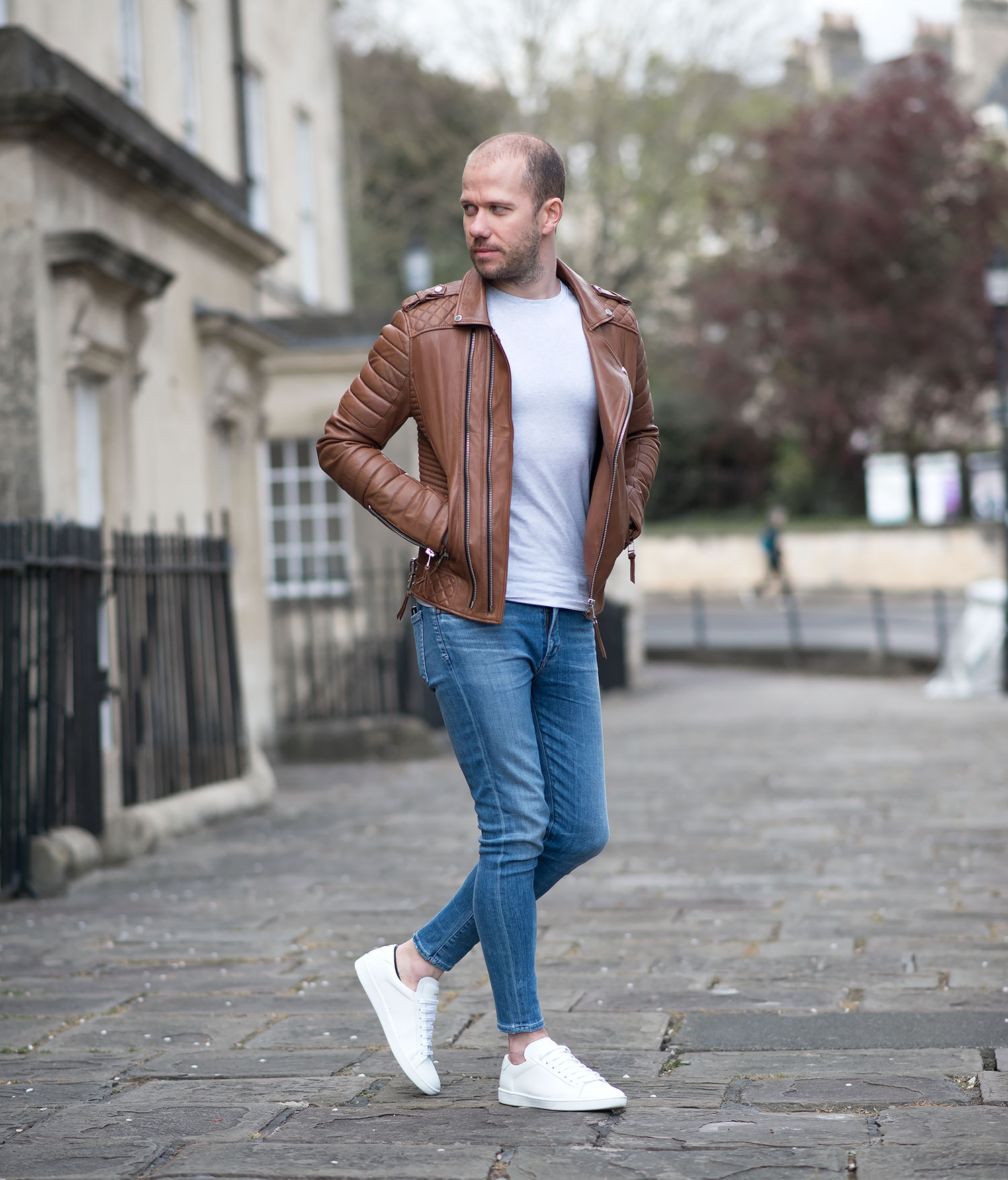 Boda Skins Antique Brown Biker Leather Jacket And Saint Laurent Sneakers  Outfit | Your Average Guy