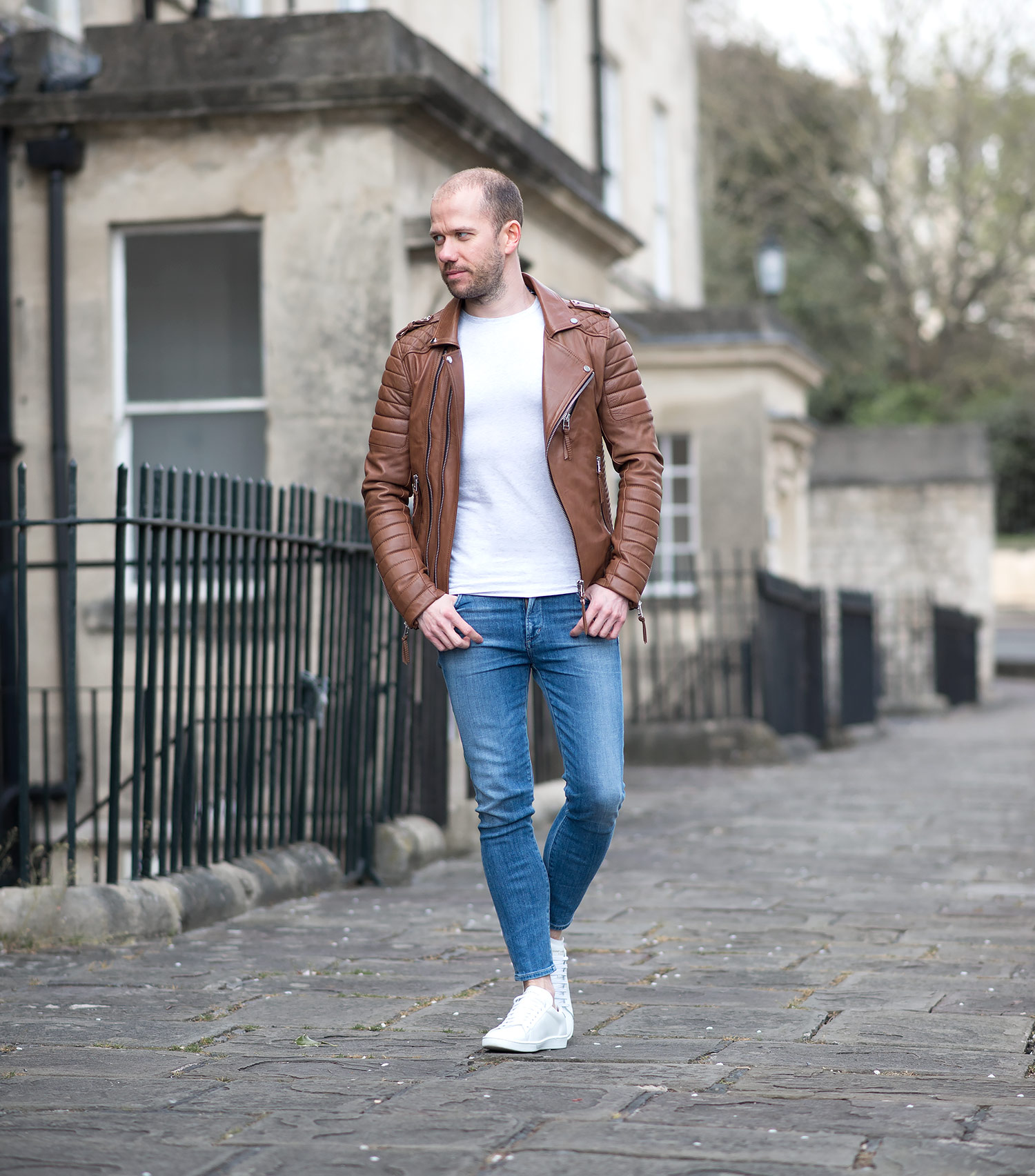 Mens-Fashion-Blogger-Bodaskins-Antique-Brown-Leather-Biker-Jacket-Outfit –  Your Average Guy