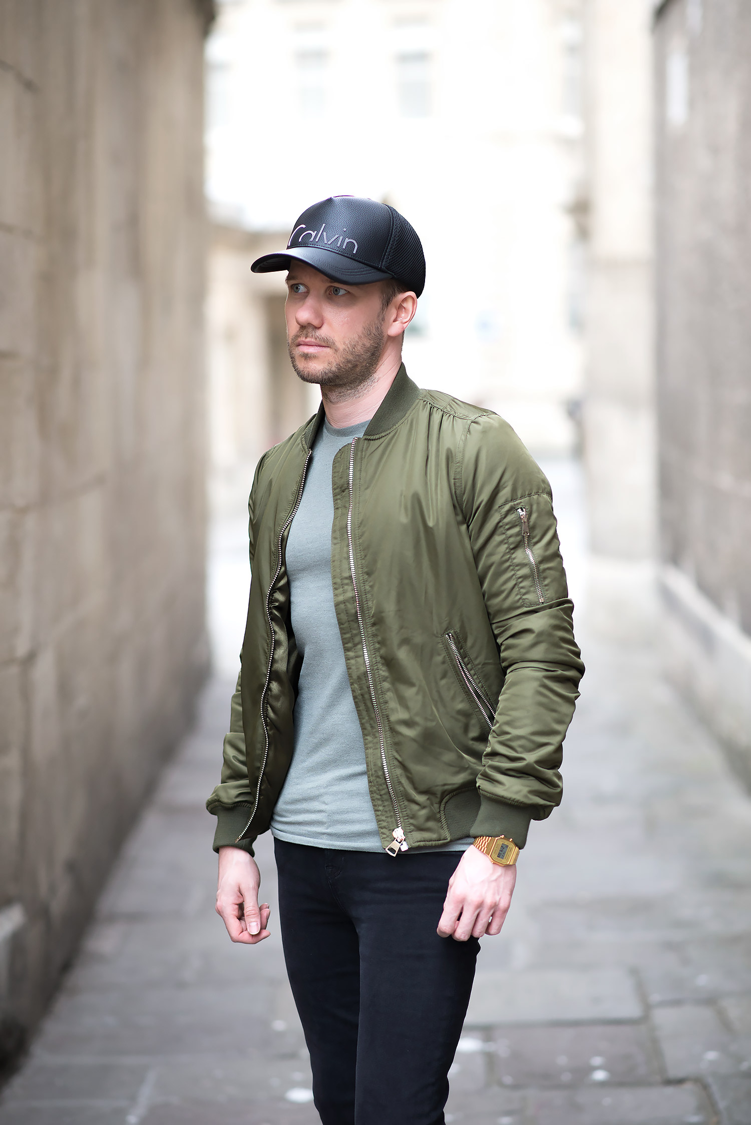 Topshop Green Bomber Jacket And Black Ripped Skinny Jeans Mens