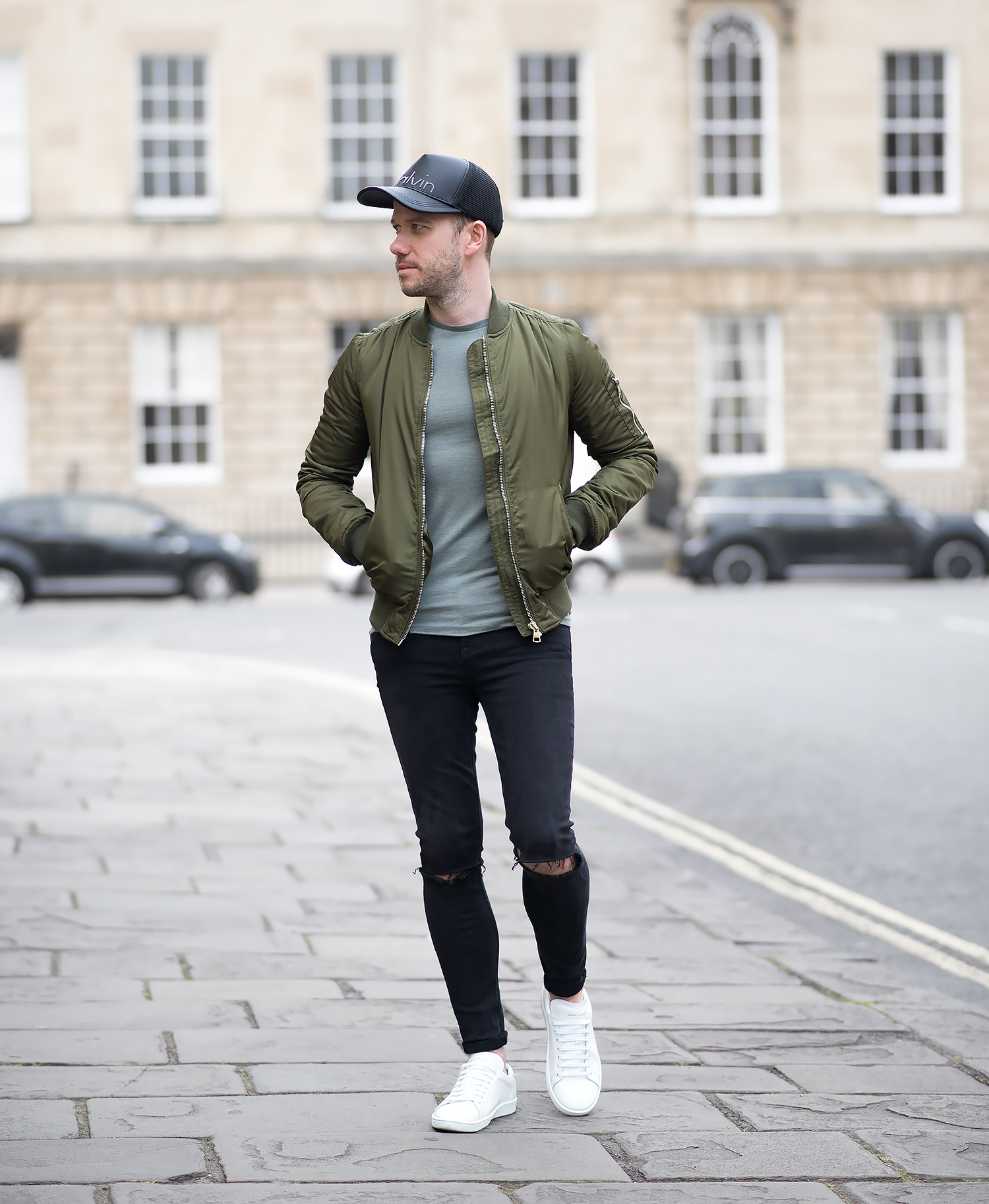 Topshop Green Bomber Jacket And Black Ripped Skinny Jeans Mens Outfit ...