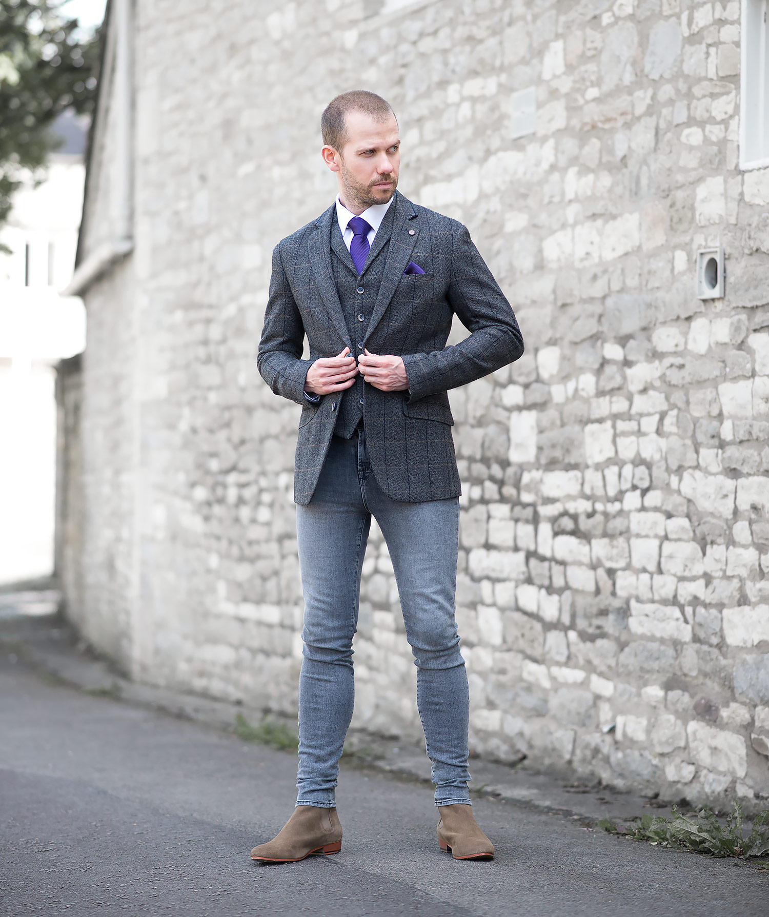 Tweed Suit With J Brand Skinny Jeans Outfit | Your Average Guy