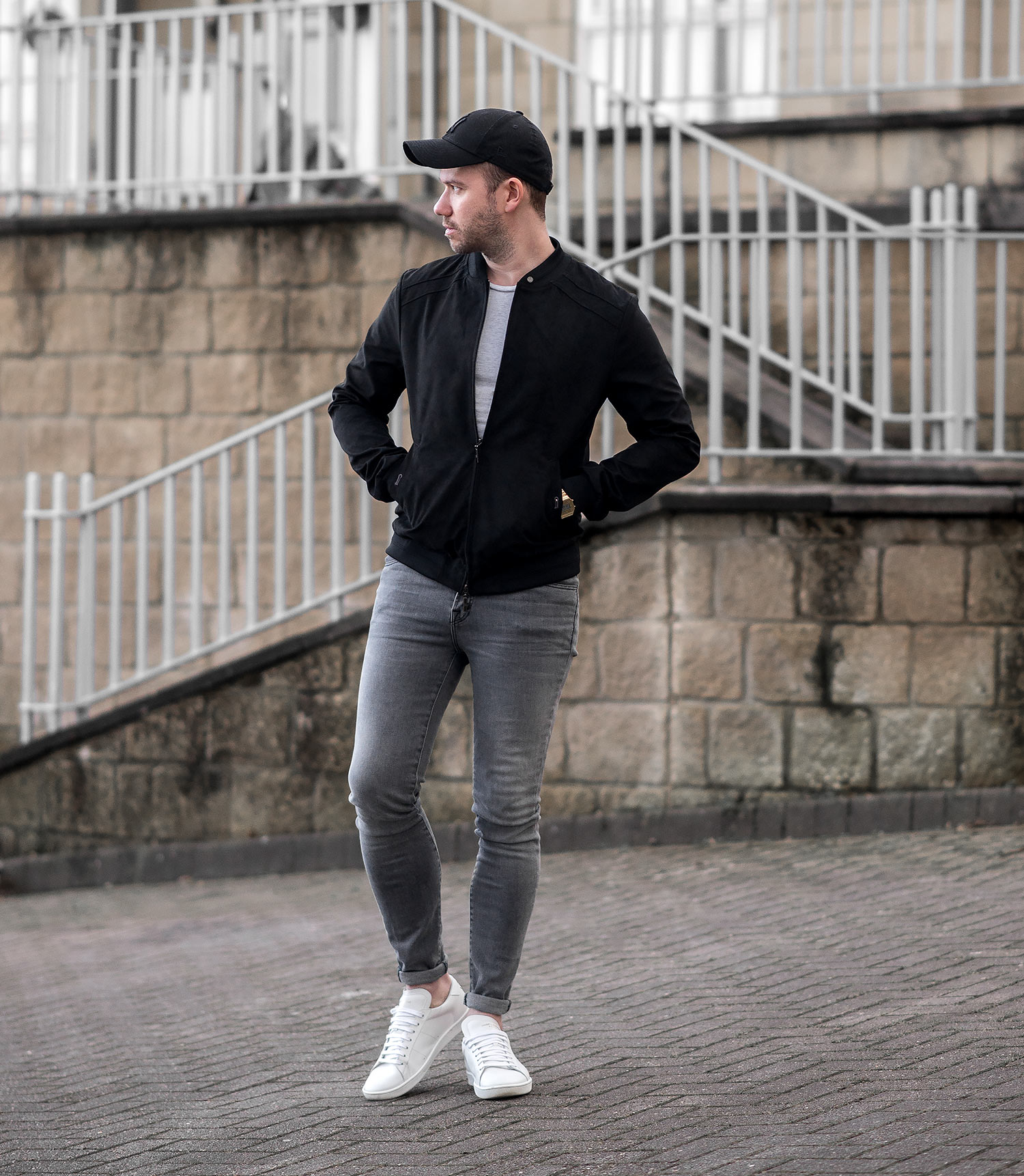 outfit with black bomber jacket