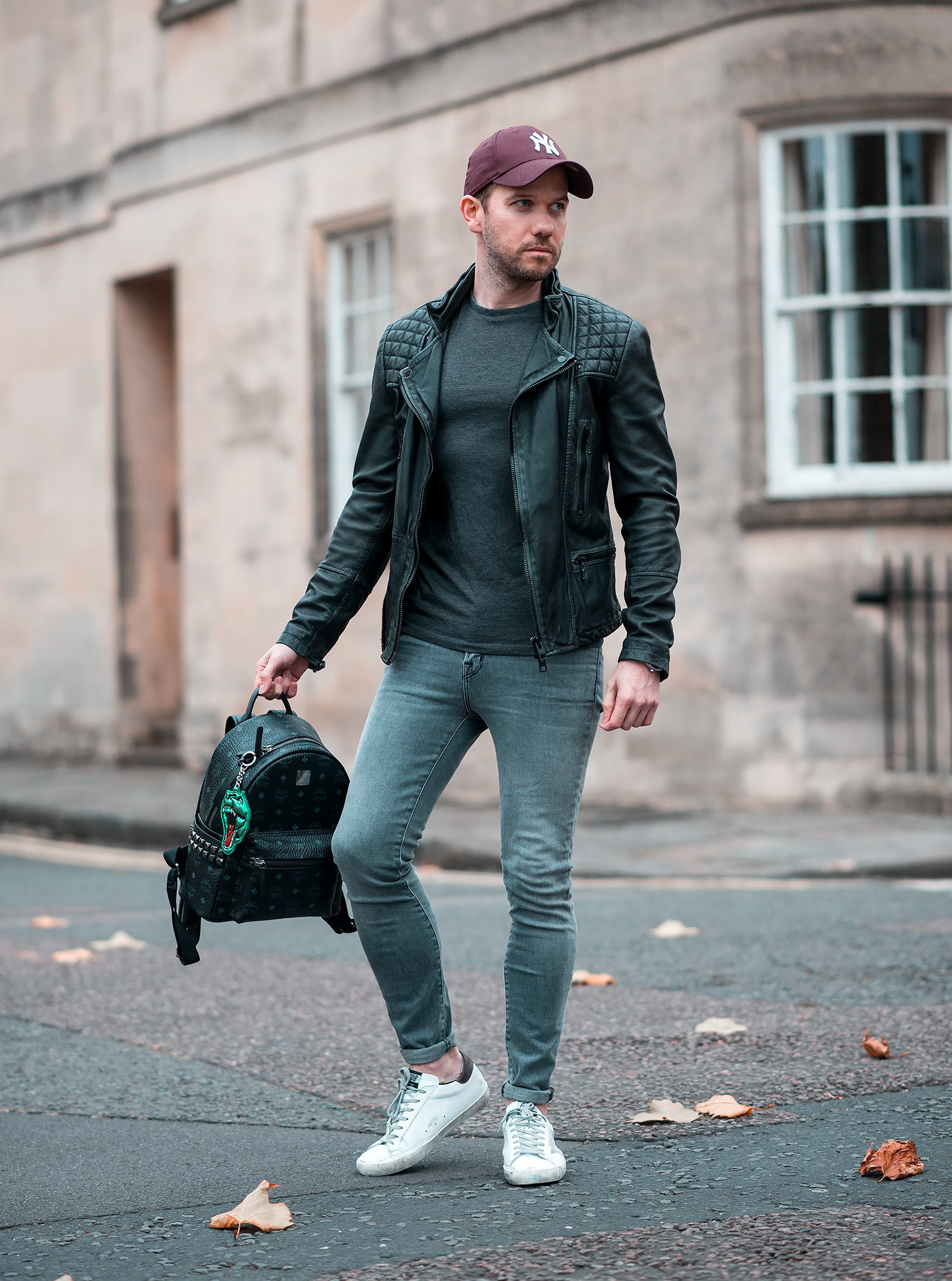 Allsaints Cargo Leather Jacket and MCM Backpack Outfit Combination