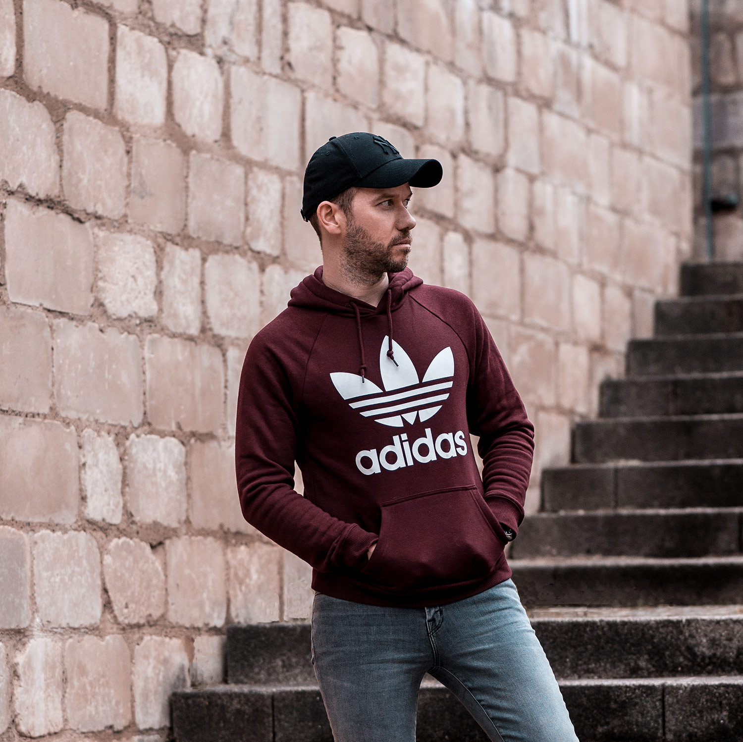 Adidas Burgundy And J Brand Grey Skinny Jeans Outfit | Your Average Guy
