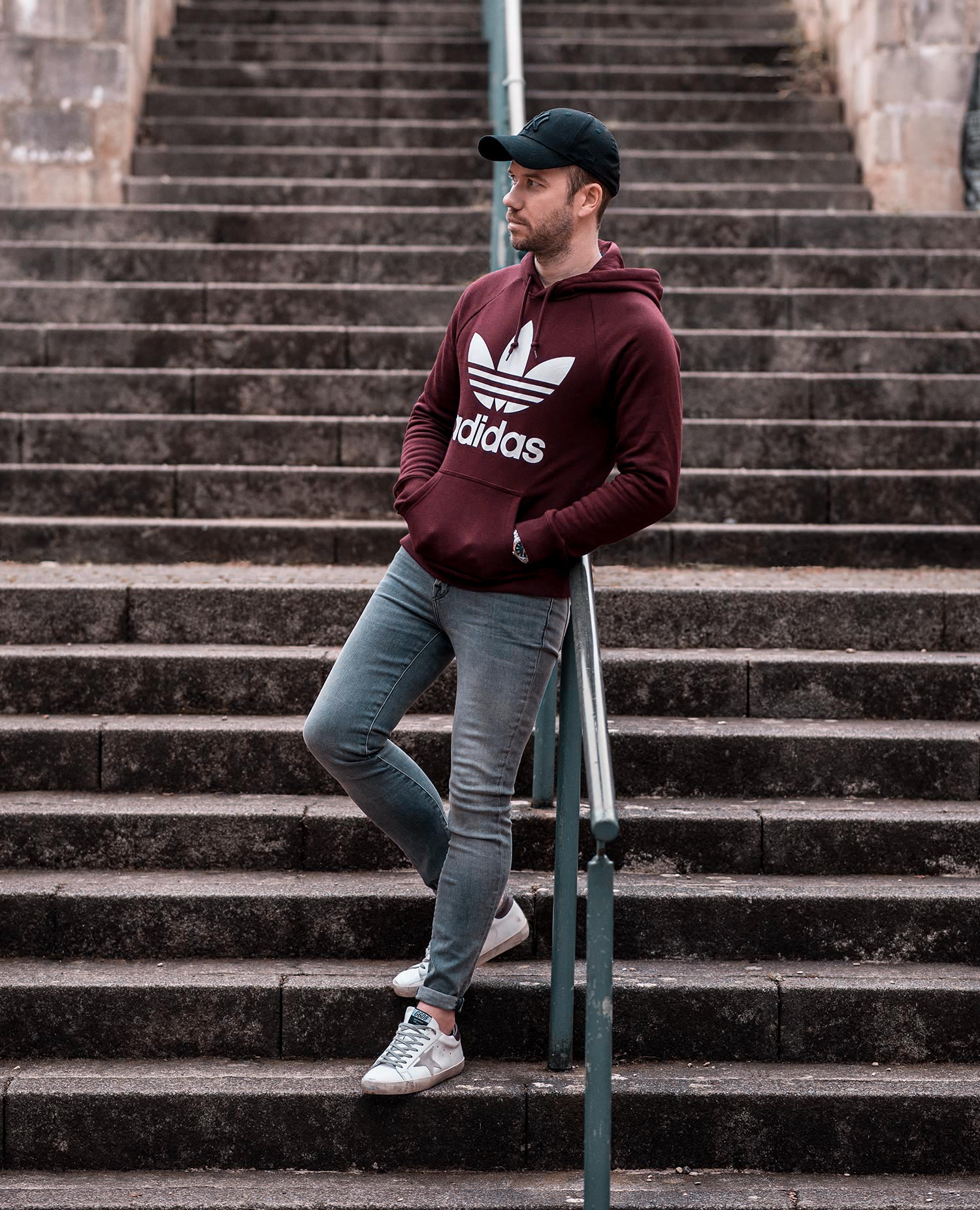 Adidas Burgundy Sweatshirt And J Brand Grey Skinny Jeans Outfit | Your  Average Guy