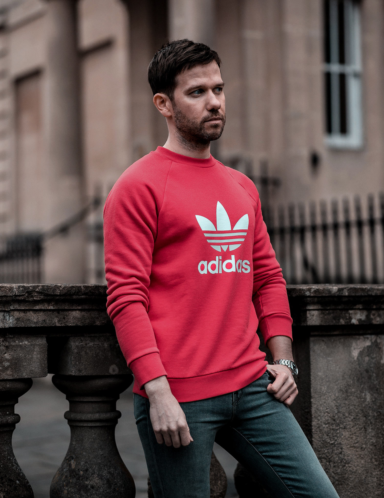 Red Adidas Sweatshirt And Grey Skinny Jeans Street Style Outfit - Average Guy
