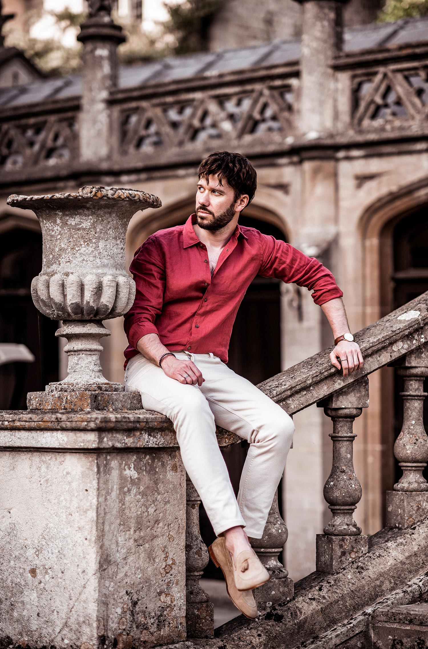 Red Linen Shirt With Ecru Skinny Jeans Outfit - Your Average Guy