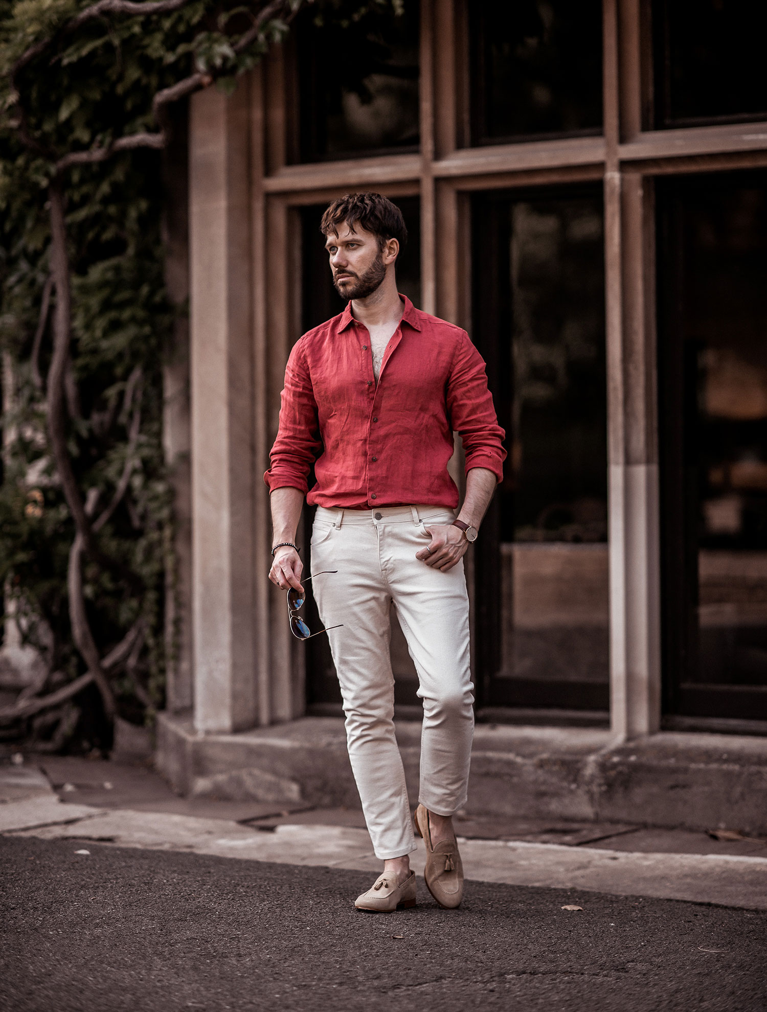 Red Linen Shirt With Ecru Skinny Jeans Outfit - Your Average Guy
