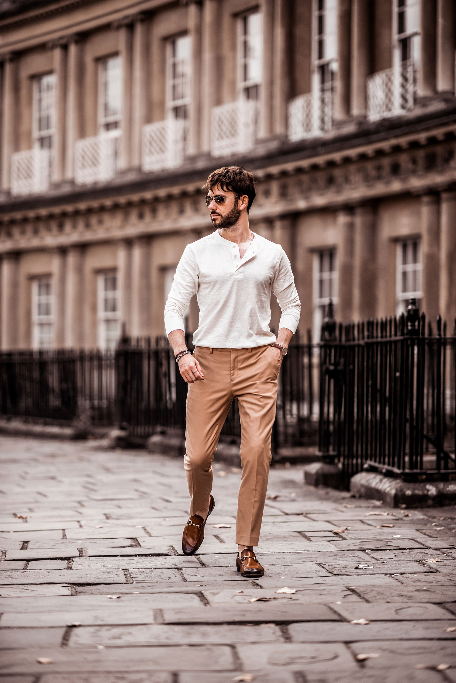 White Henley And Tan Trousers Outfit Combo - Your Average Guy