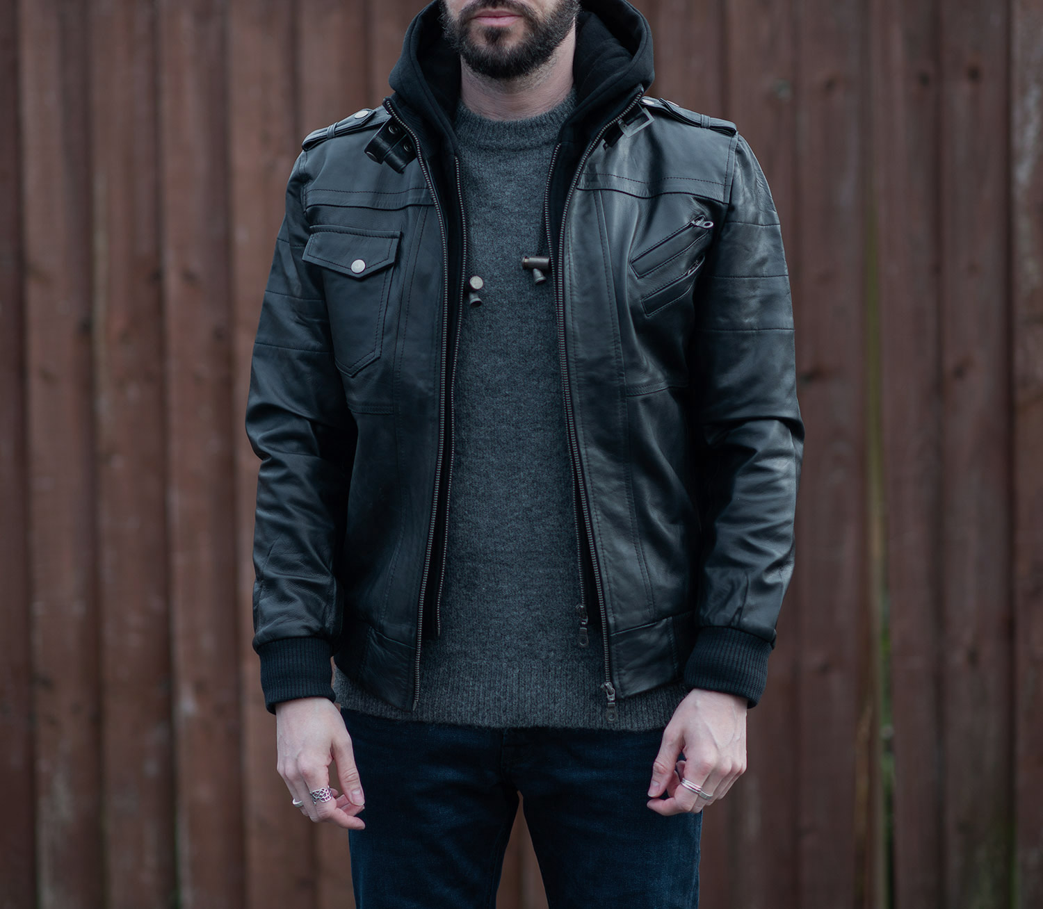 Mens Black Leather Bomber Jacket - Real Leather Jacket with Hood by FJackets